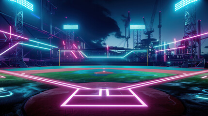 Neon-futuristic baseball field, nighttime