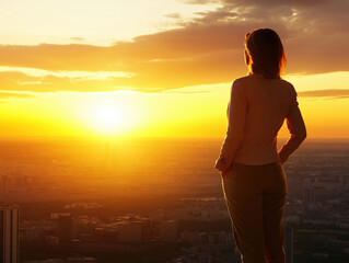Fototapeta premium Woman with hands in poket look at sunset