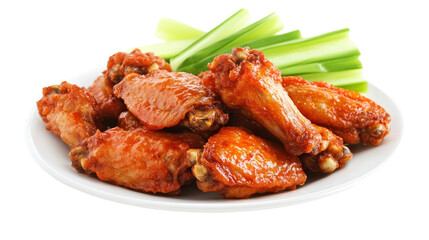 Spicy Buffalo wings served with fresh crunchy celery on a plate, on the transparent background. PNG Format