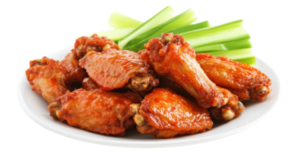 Spicy Buffalo wings served with fresh crunchy celery on a plate, on the transparent background. PNG Format