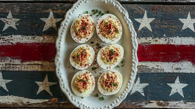 Classic Deviled Eggs on Rustic American Flag Background