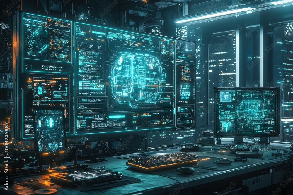 Poster a futuristic computer desk with multiple monitors displaying glowing digital data.