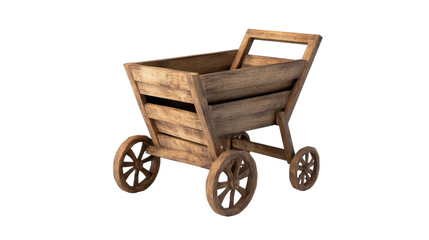 A rustic wooden cart ready for a charming garden adventure in sunny daylight, on the transparent background. PNG Format