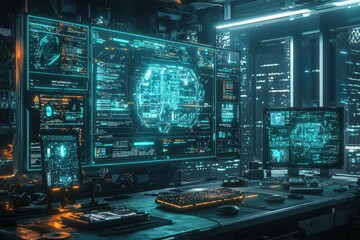 Obraz premium A futuristic computer desk with multiple monitors displaying glowing digital data.