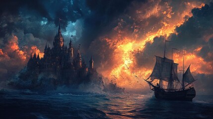 Obraz premium A tall, dark castle stands on a rocky island, with a sailing ship on the water in front of it and a fiery sky behind it.