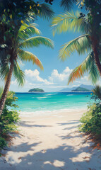 Fototapeta premium A serene tropical beach scene framed by lush palm trees, leading to a pristine shoreline with turquoise waters.