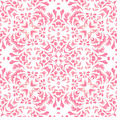 Floral pink and white hand drawn tile seamless ornamental watercolor paint pattern.
