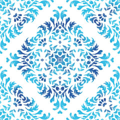 Watercolor blue damask classic tiles. Hand drawn drawn floral Seamless mediterranean pattern. Lisboa wall motif. Gorgeous azulejo reapeatable rapport.