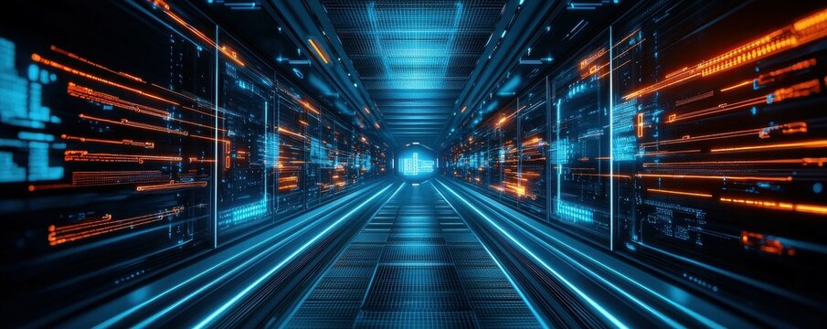 A futuristic hallway with glowing blue and orange lines, depicting a digital world.