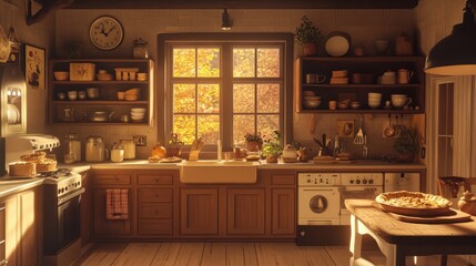 Warm and Rustic Farmhouse Kitchen with Autumn Landscape