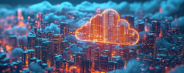 Fototapeta premium A glowing cloud symbol hovers over a futuristic cityscape, representing the interconnected nature of technology and urban life.