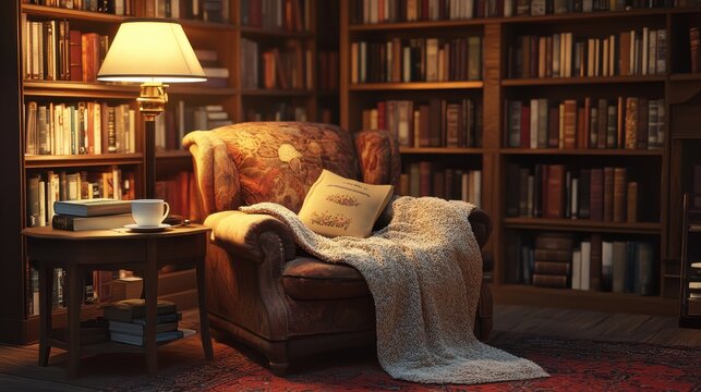 Cozy Corner in a Rustic Home Library