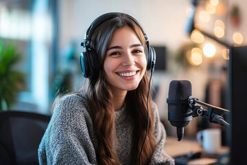 Cheerful podcast host engaged in a conversation with a guest while recording a show in a studio, Generative AI