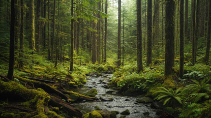 Obraz premium A peaceful stream flows through a lush forest, surrounded by green trees and moss-covered ground. The image evokes tranquility and natural beauty in a woodland setting.