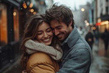 Obraz premium Affectionate embrace on city streets by a loving couple, Generative AI