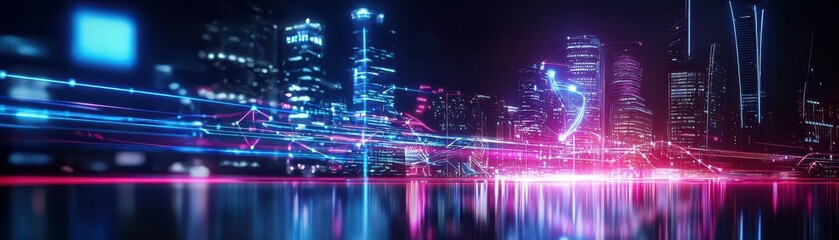 Obraz premium Neon lights illuminate a futuristic cityscape.