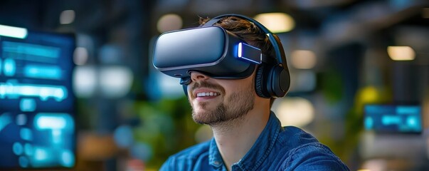 A young man wearing VR headset smiles as he experiences a virtual world.