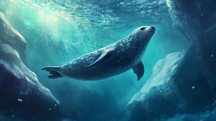 A serene underwater scene featuring a seal swimming gracefully among rocks and soft light.