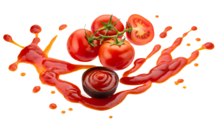 Tomato ketchup sauce splashes or red liquid tomato juice tomatoes. Generative AI.