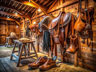 Elegant leather saddlery displayed in a rustic barn, showcasing craftsmanship and equestrian gear