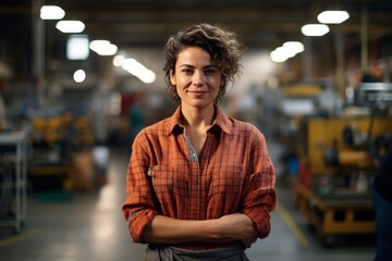 Fototapeta premium Portrait of a grinning woman in her 40s dressed in a relaxed flannel shirt on bustling factory floor