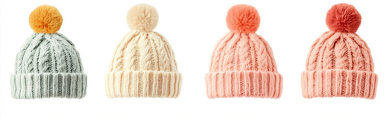 Set of four knitted hats isolated on a white background