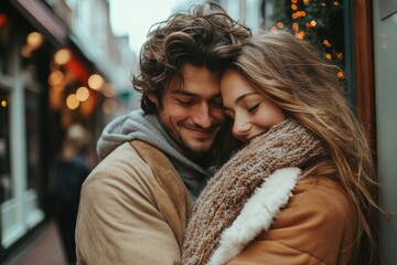 Fototapeta premium Intimate embrace on a city sidewalk, a moment of affection, Generative AI