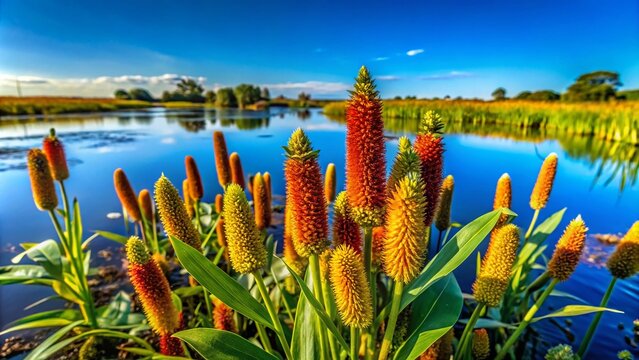 Elegant Marestail Plant Growing Vibrantly in Natural Wetland Environment Under Clear Blue Sky