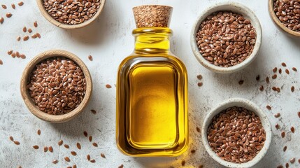 A bottle of golden oil surrounded by bowls of flaxseeds on a textured surface.