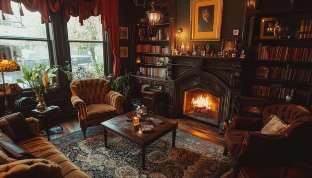 Cozy and Inviting Library Nook with Crackling Fireplace