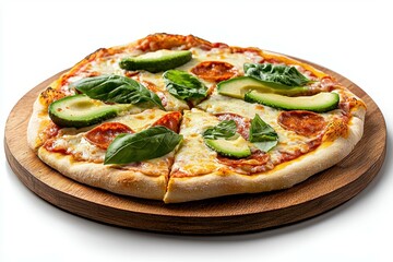 A delicious pizza with pepperoni, avocado, and basil on a wooden board.