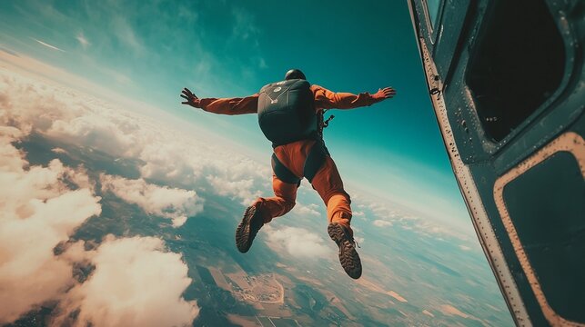 A skydiver captured in mid-air as they leap from an airplane, evoking a sense of adventure, adrenaline, and freedom in this thrilling action-packed scene