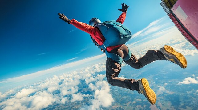 A skydiver leaping out of a plane into the sky, captured mid-air during a freefall, symbolizing adventure, adrenaline, and the thrill of extreme sports, perfect for action and outdoor photography