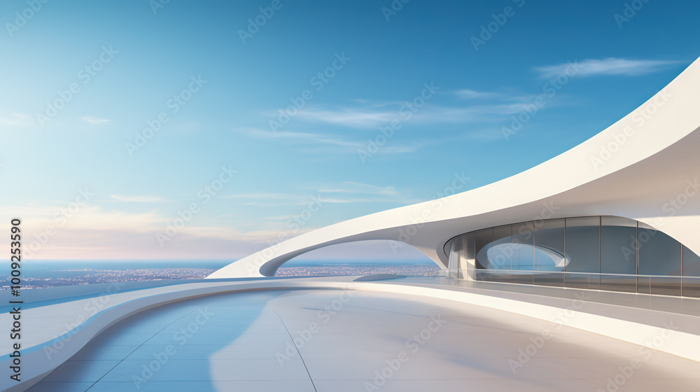 Poster Abstract architecture scene with smooth curves. Abstract background with futuristic building in white and blue colors.