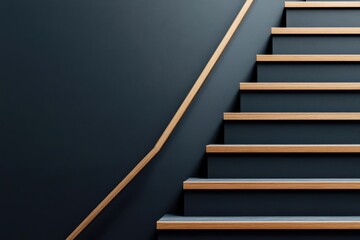 A minimalist staircase features sleek wooden steps and a stylish handrail against a modern dark wall. Ideal for interior design projects.