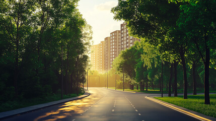 Urban Skyline with Tree-Lined Avenue