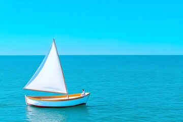 Fototapeta premium Small sailboat with white sails on the ocean, with one person in the boat
