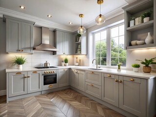 Elegant Pale Grey Kitchen Cabinets with Modern Hardware in a Bright and Airy Home Interior Design