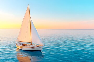 Fototapeta premium Small sailboat with white sails on the ocean, with one person in the boat