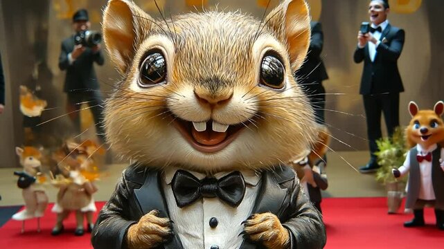 Happy Cartoon Squirrel in a Tuxedo at a Glamorous Event Generative AI