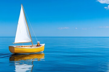Fototapeta premium Small sailboat with white sails on the ocean, with one person in the boat