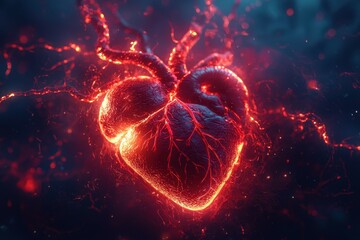 A fiery heart with glowing veins pulsates against a dark background.