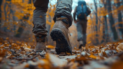 Close up of people hiking in a forest, walking on a trail wearing boots and backpacks, with an autumn nature background