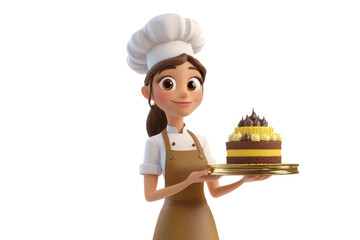 A cheerful baker presents a delicious cake, on the transparent background. PNG Format