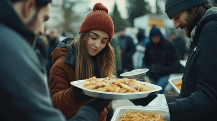 Homeless People Get Free Meals from a Multiethnic Volunteer Team as Humanitarian Aid Volunteers serve the food to people in need.