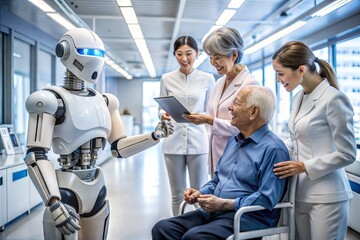 Humanoid AI robot taking care of a senior man in hospital and giving prescription. medicine and technology concept