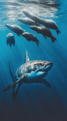 Fototapeta premium A great white shark swimming below a group of seals in clear blue water.