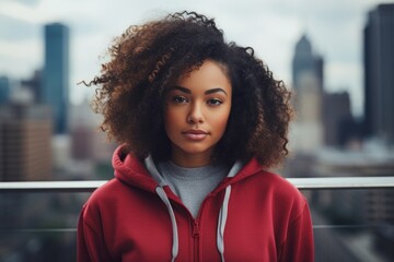 Fototapeta premium Portrait of a tender afro-american woman in her 20s wearing a zip-up fleece hoodie isolated on stunning skyscraper skyline