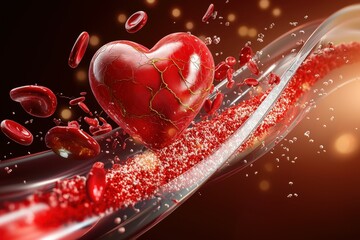 A cracked red heart floats amidst a stream of blood cells.