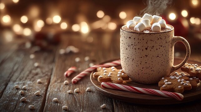 Christmas Hot Chocolate with Marshmallows  Gingerbread Cookies  and Candy Canes